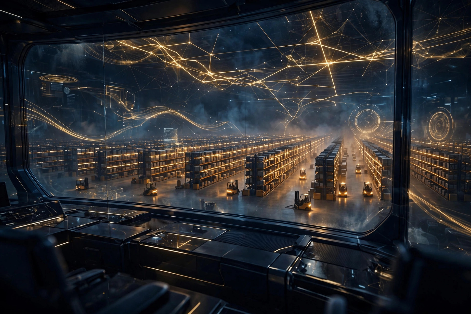 Logistics command center overlooking a warehouse floor