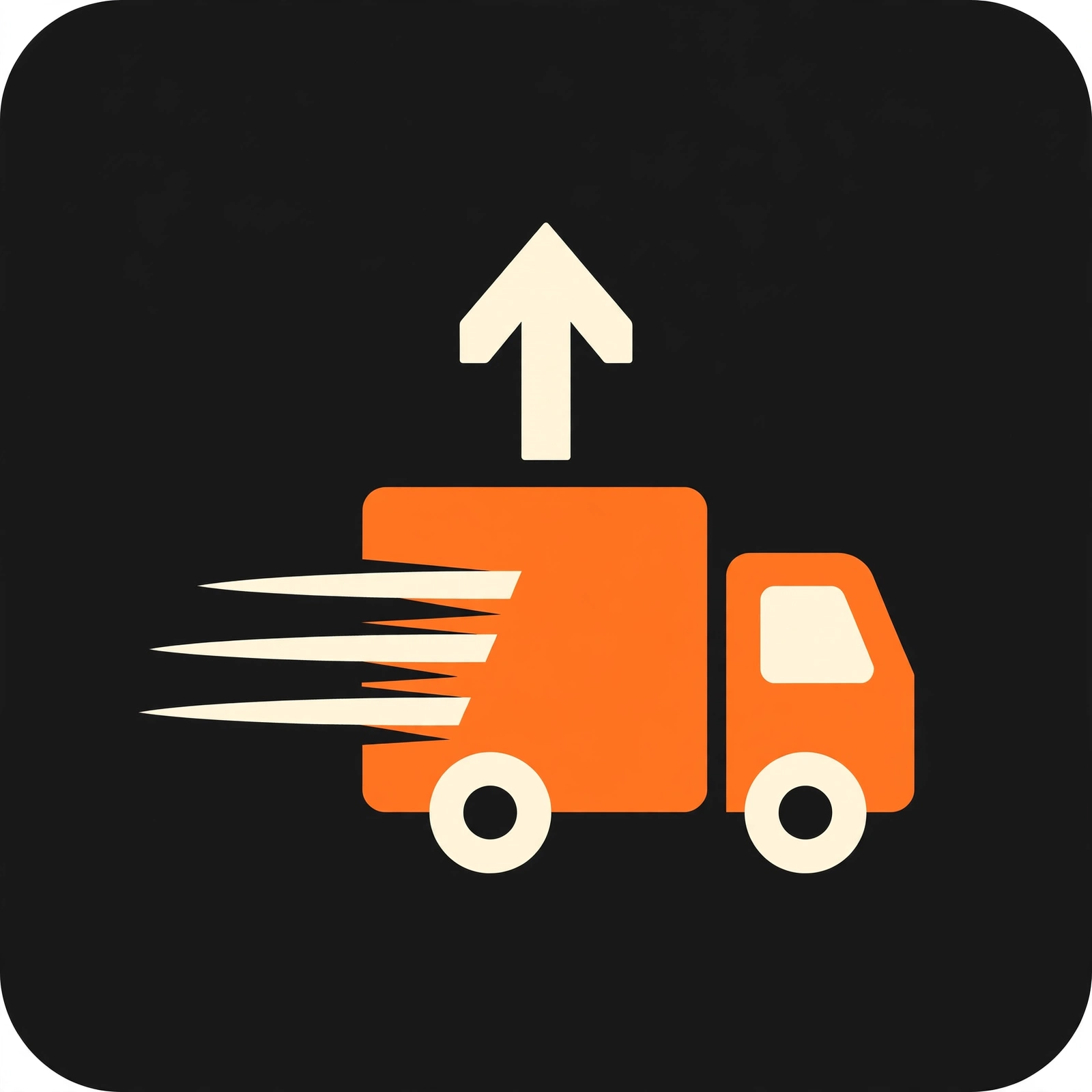 Bold moving logo mark — truck and upward arrow