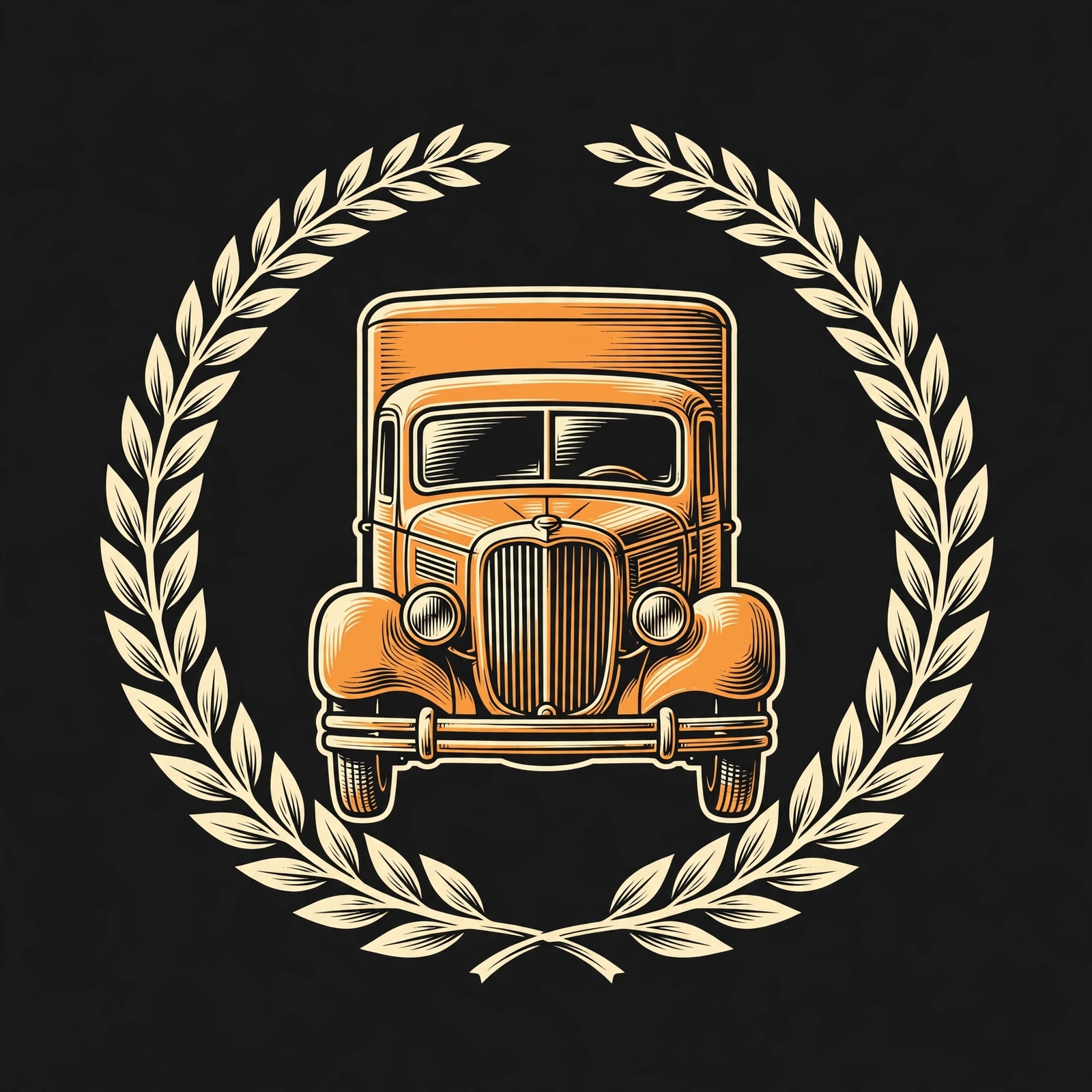 Classic moving logo mark — vintage truck with laurel wreath
