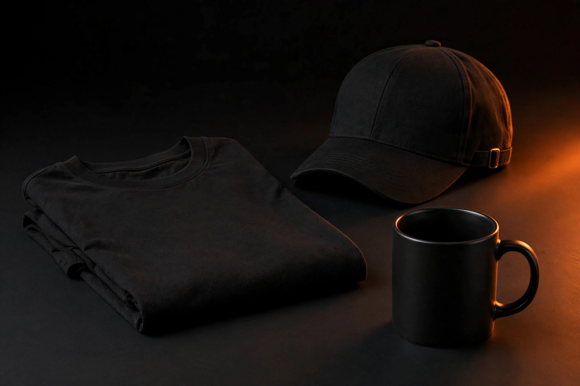 Sample product shot — branded t-shirt, cap, and mug on dark background