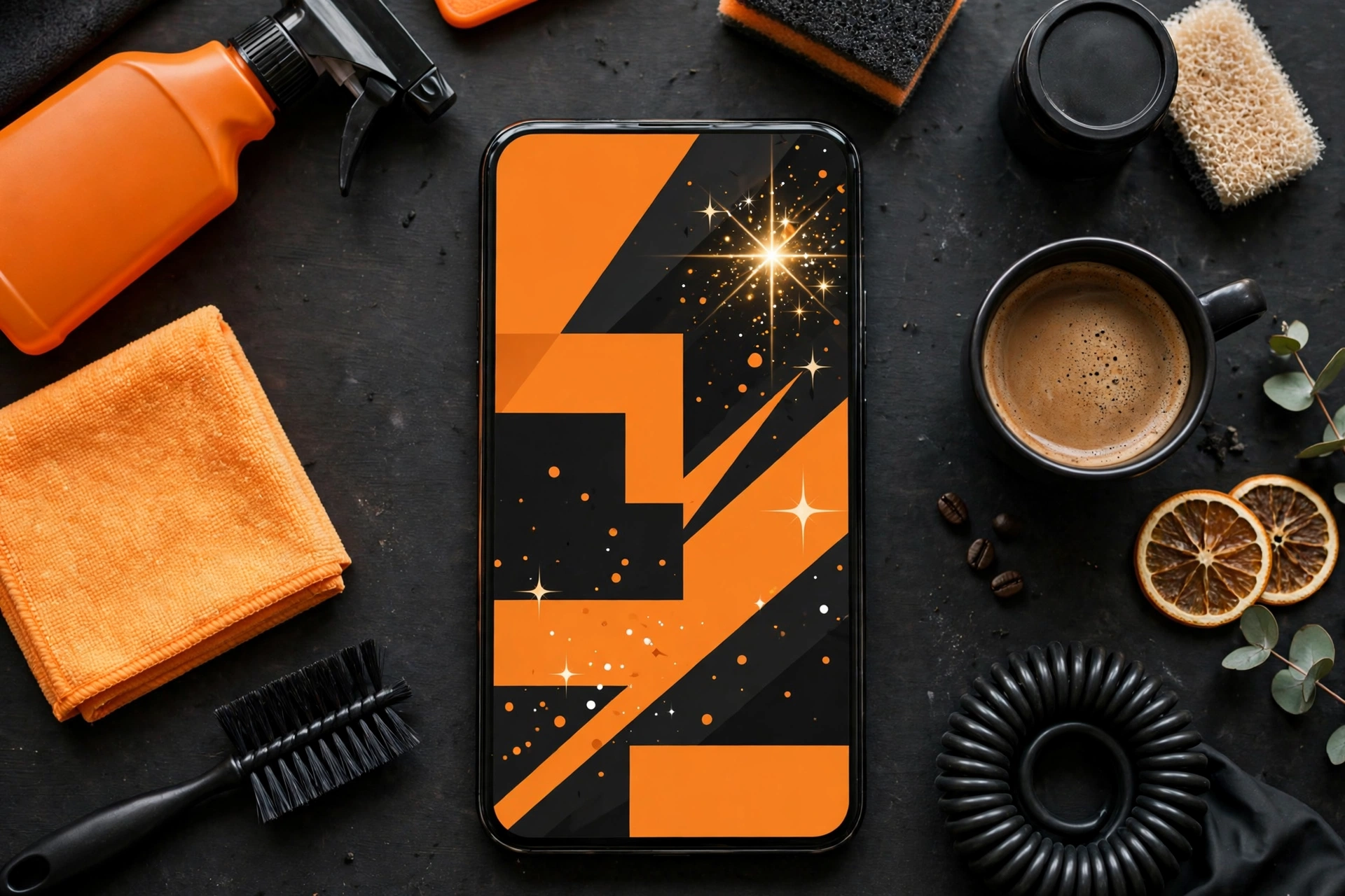 Sample social post design on a phone, flat-lay with cleaning supplies