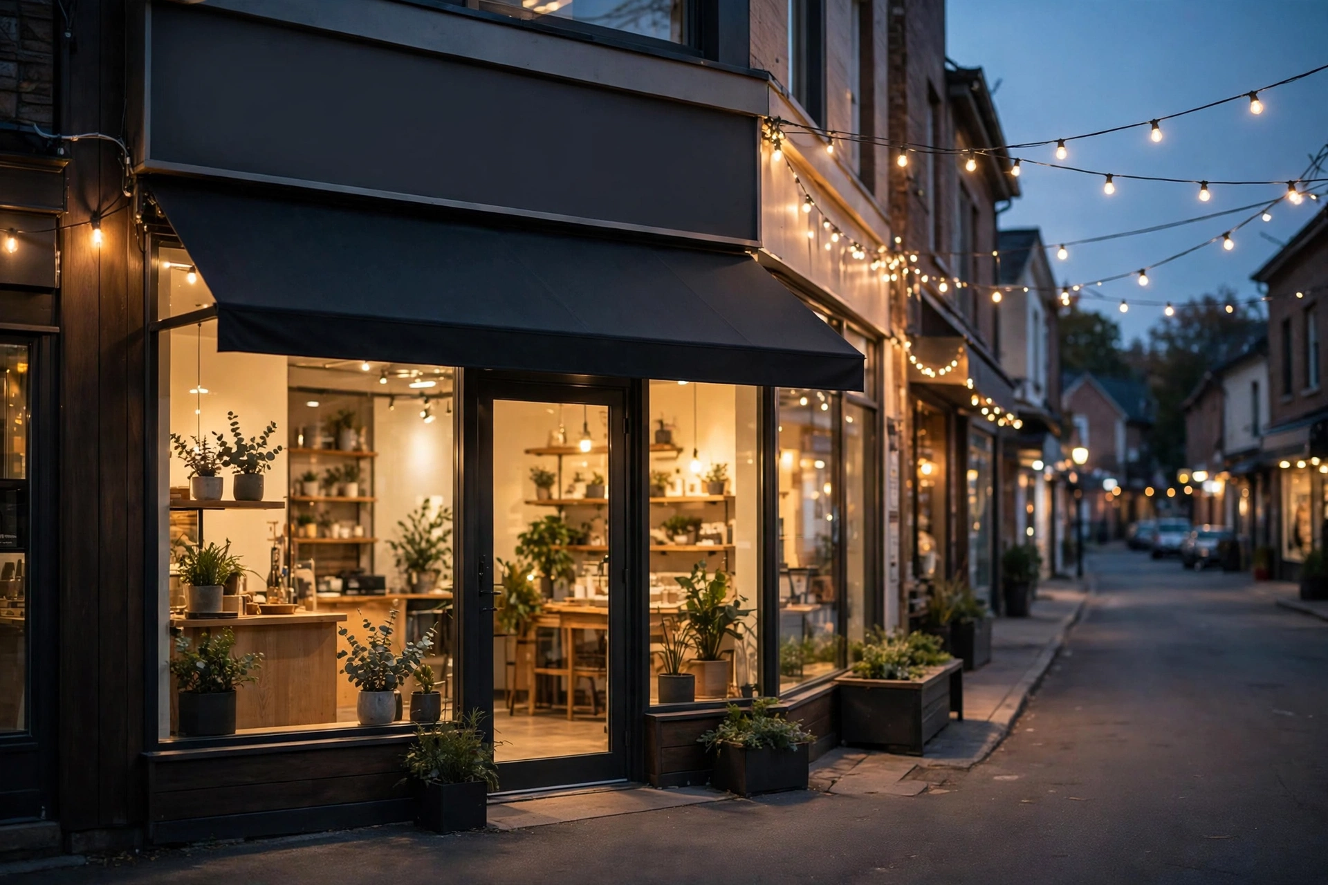 Sample storefront image — small shop glowing at dusk