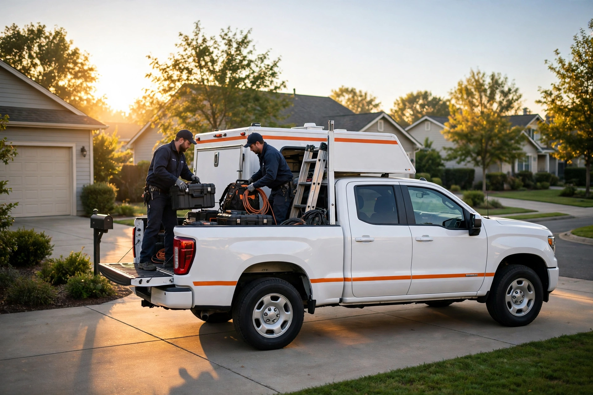 Sample crew shot — two-person team loading a branded work truck